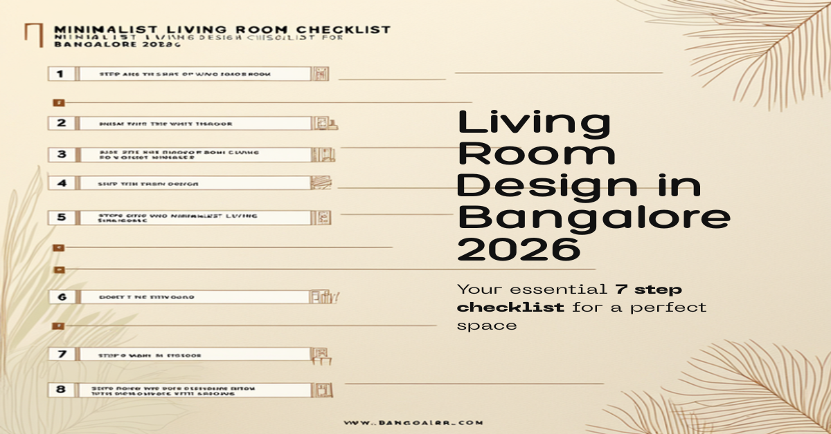 Living room design in Bangalore 2026 7 step checklist infographic by myNivasa