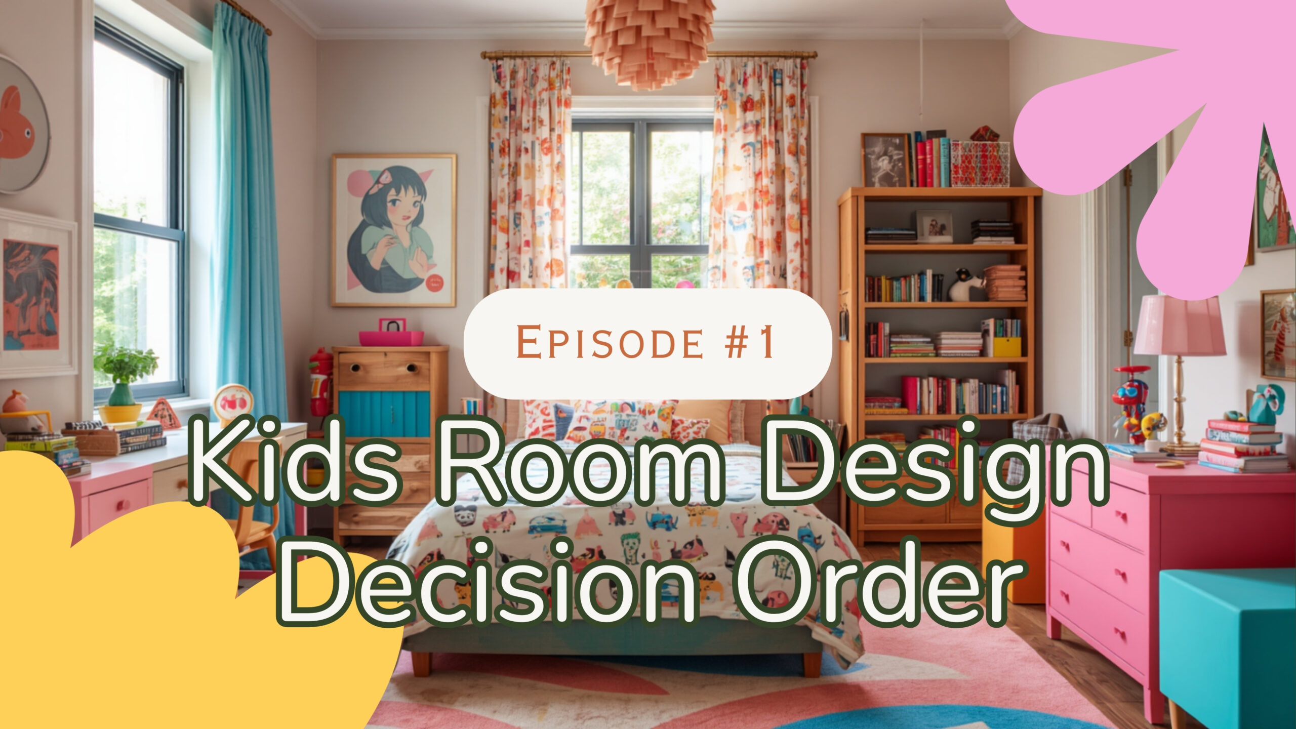 Kids room design decision order flowchart 2026 with five steps measure room, choose layout, pick materials BIS plywood E1 MDF, plan lighting layers and select color scheme by myNivasa