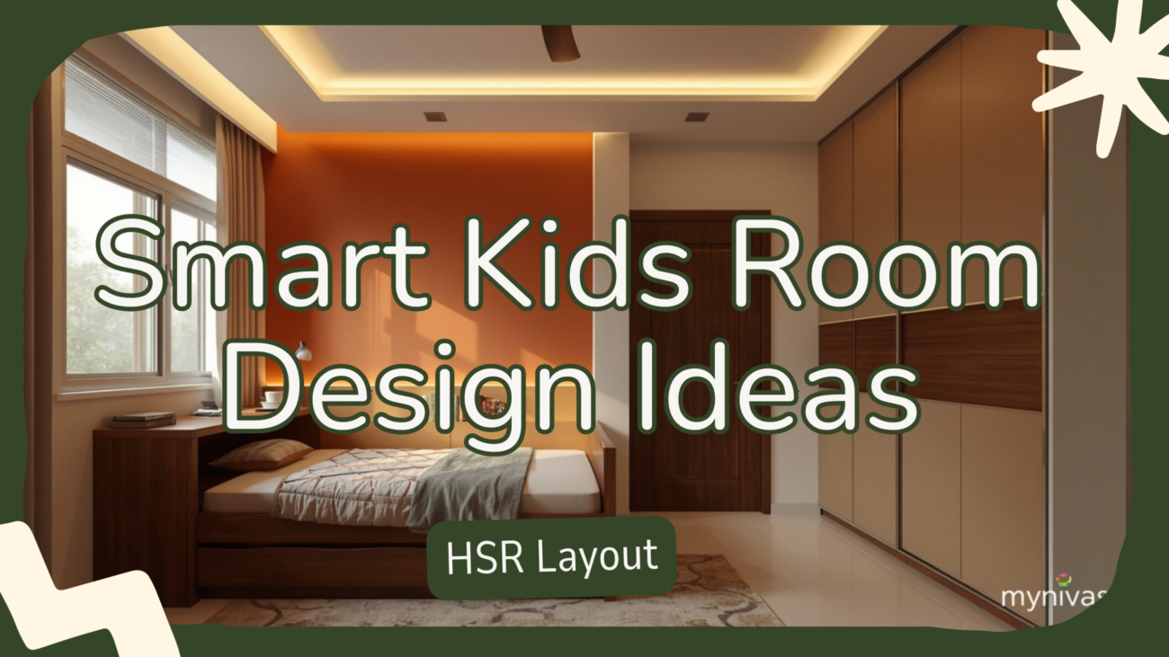Modern Indian kids room design in HSR Layout Bengaluru apartment 2026 with terracotta accent wall, single bed with under-bed storage, walnut wood study desk, modular sliding wardrobe in beige and soft cove ceiling lighting by myNivasa