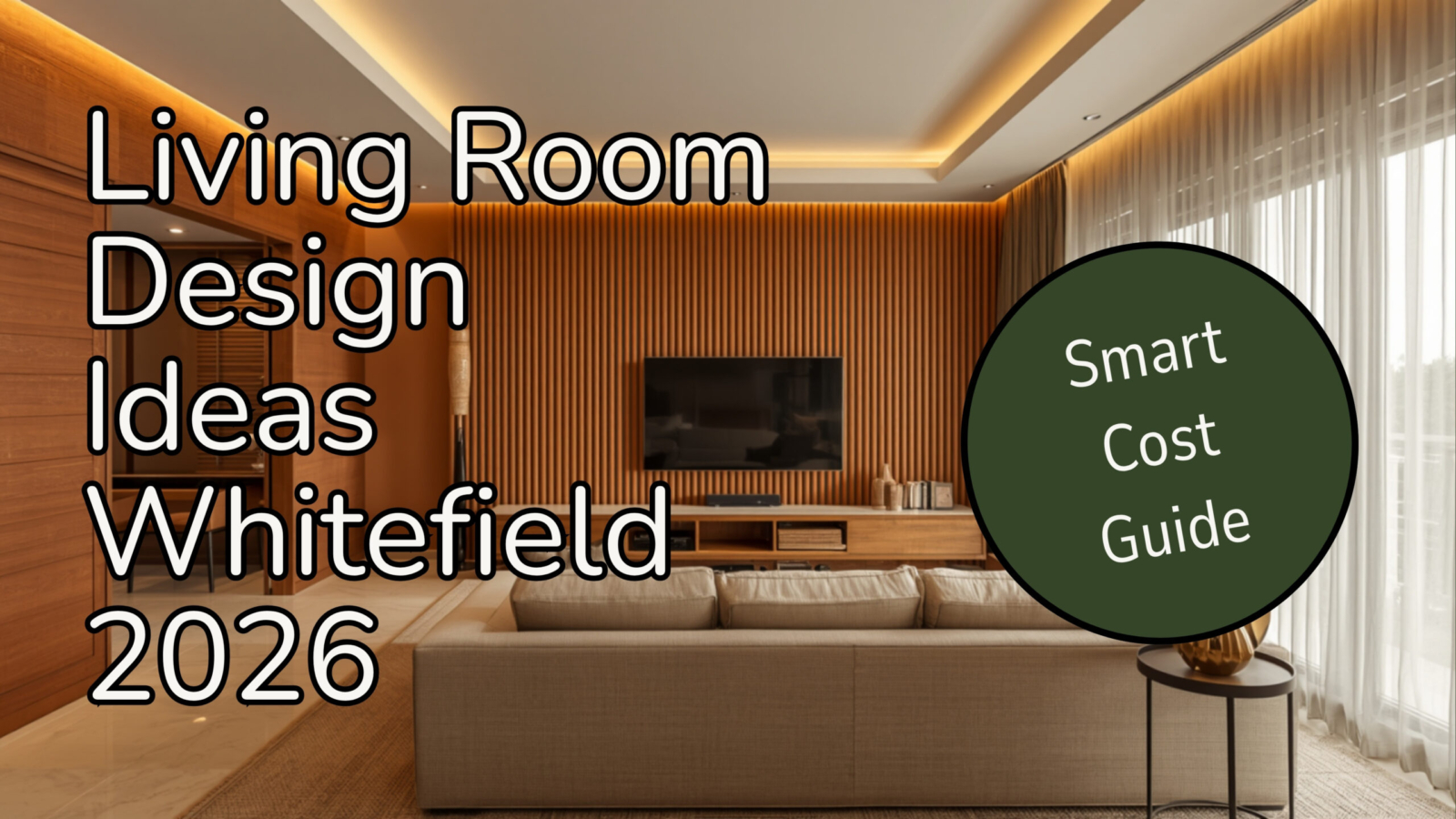 Modern Indian living room design in a Whitefield Bengaluru apartment 2026 with terracotta accent wall, beige L-shaped sofa, layered cove ceiling lighting and fluted MDF panel TV wall by myNivasa