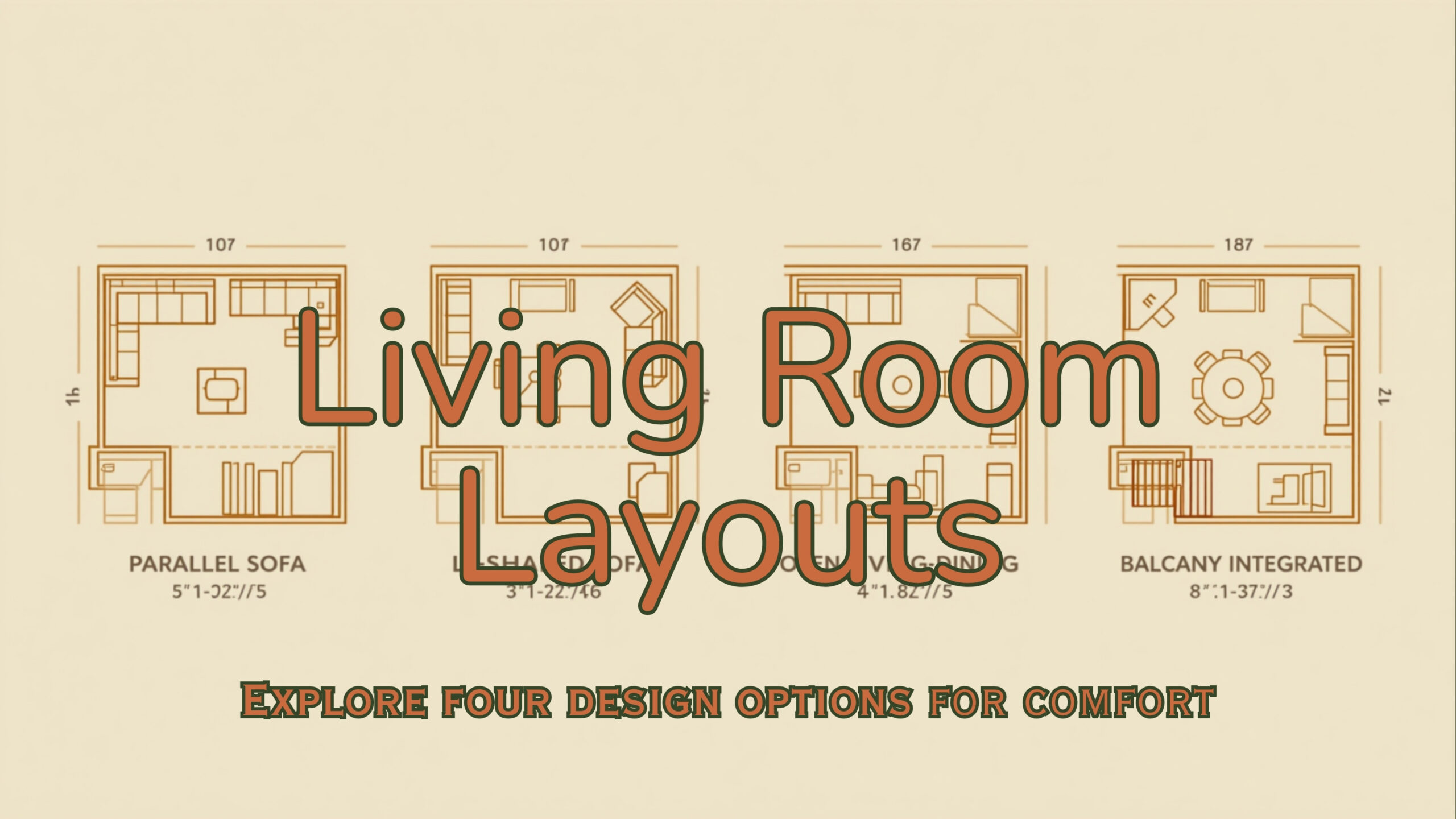 Four living room floor plan layouts for Whitefield apartments 2026 - Parallel Sofa, L-shaped Sofa, Open Living-Dining and Balcony Integrated configurations with furniture placement