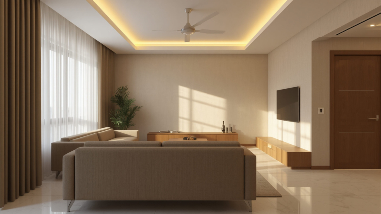 2 BHK interior design cost Electronic City 2026 living room with warm wood and neutral tones by myNivasa
