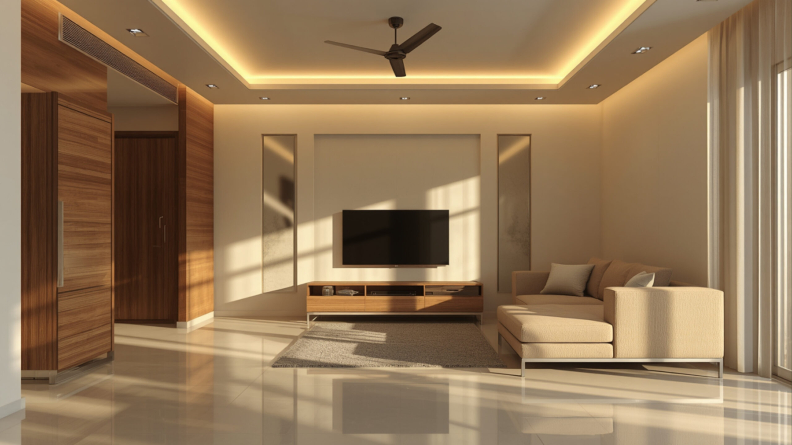 interior design cost breakdown bangalore 2026 modern living room with tv unit and false ceiling realistic interior elements by myNivasa