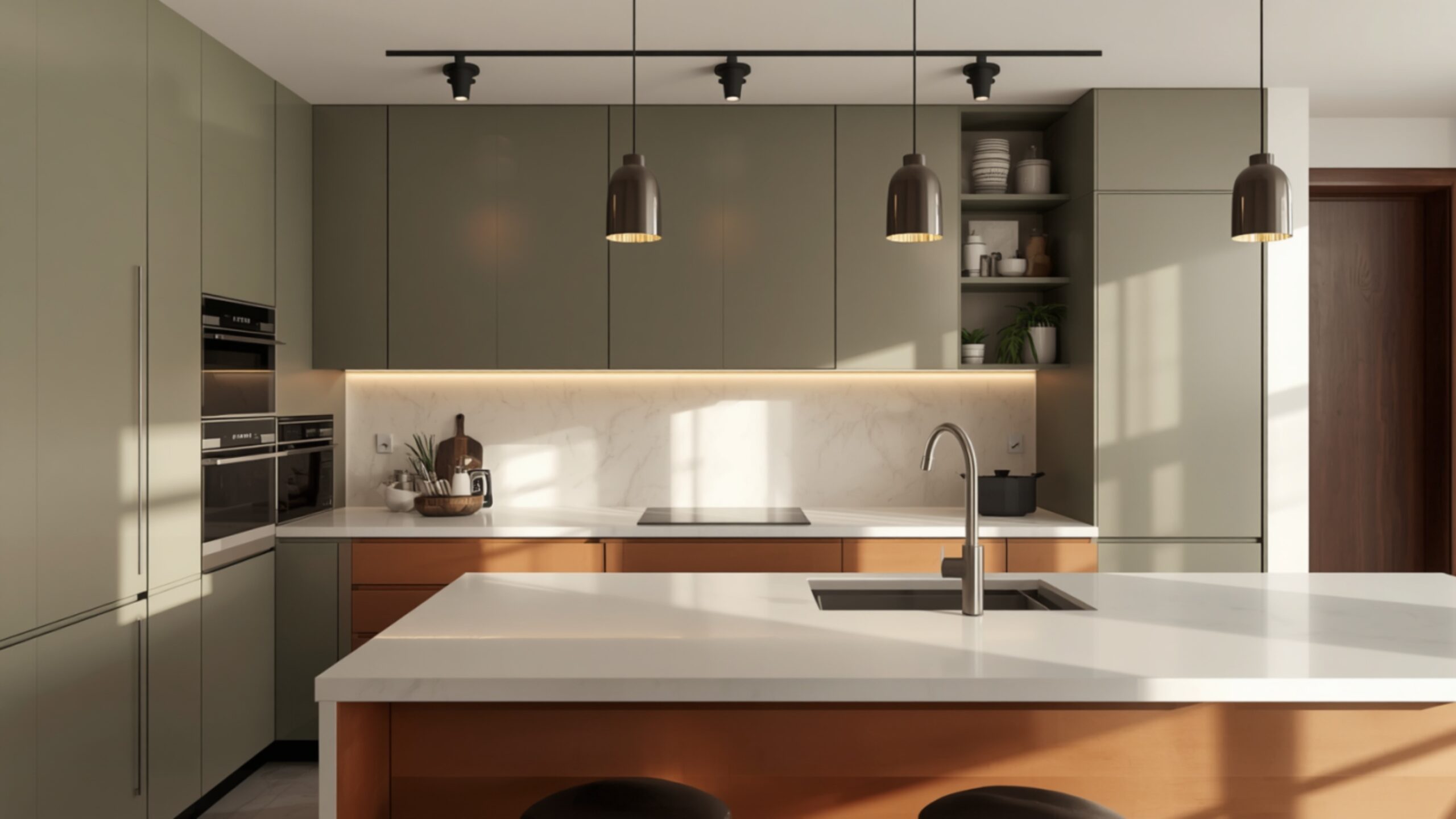 Contemporary handle free modular kitchen interior design in Whitefield Bengaluru 2026 with sage green cabinets and under cabinet lighting, by myNivasa