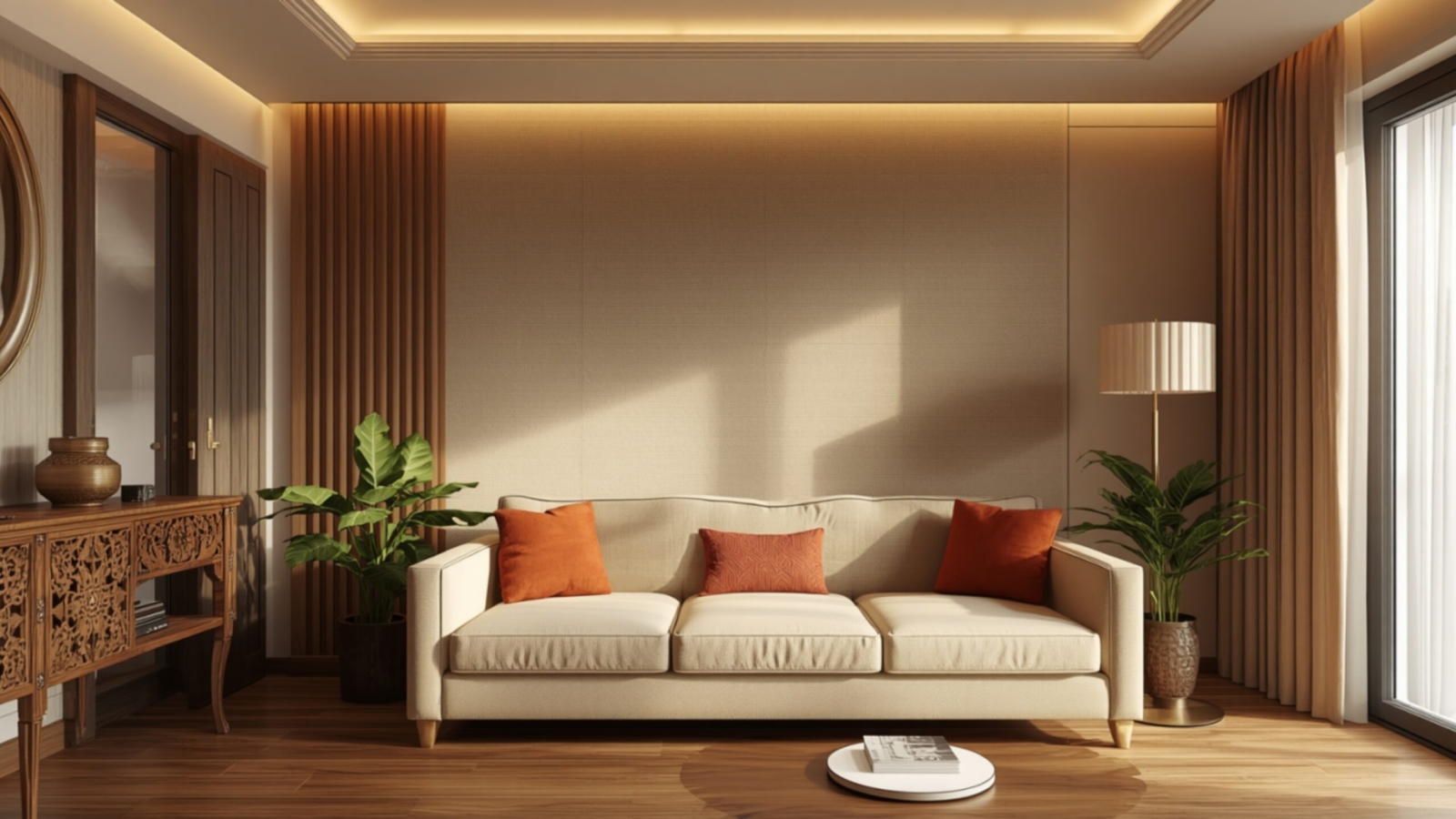 Fusion style living room interior design in a Bengaluru apartment 2026 with warm neutral sofa, carved console, brass lamp and layered cove lighting, by myNivasa