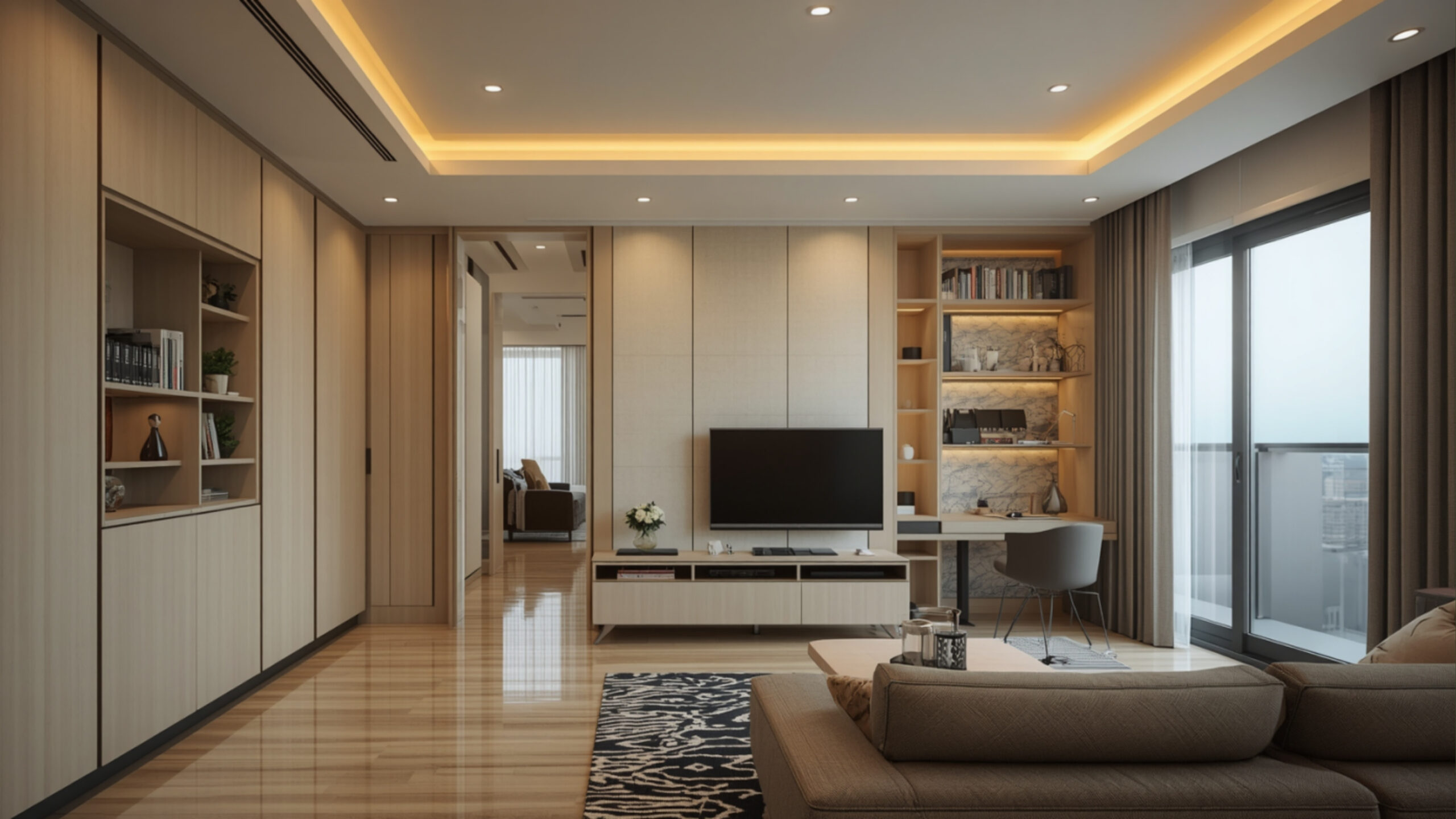 Interior designer near me result: open plan 2BHK apartment layout in Sarjapur Road Bengaluru 2026 with TV storage wall and study nook, by myNivasa