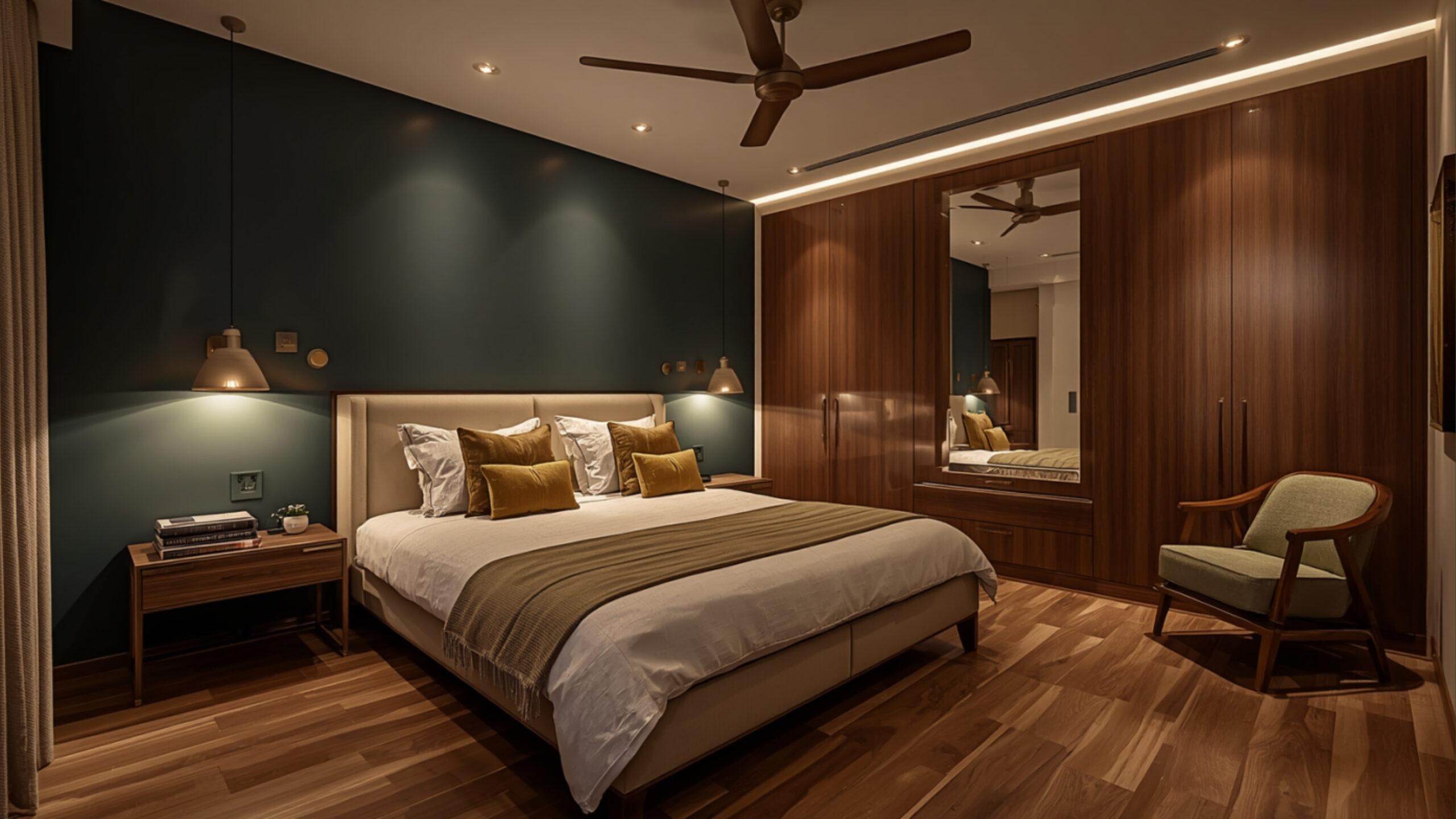 Styled master bedroom interior design in HSR Layout Bengaluru 2026 with deep teal accent wall, warm bedside lighting and membrane wardrobes, by myNivasa