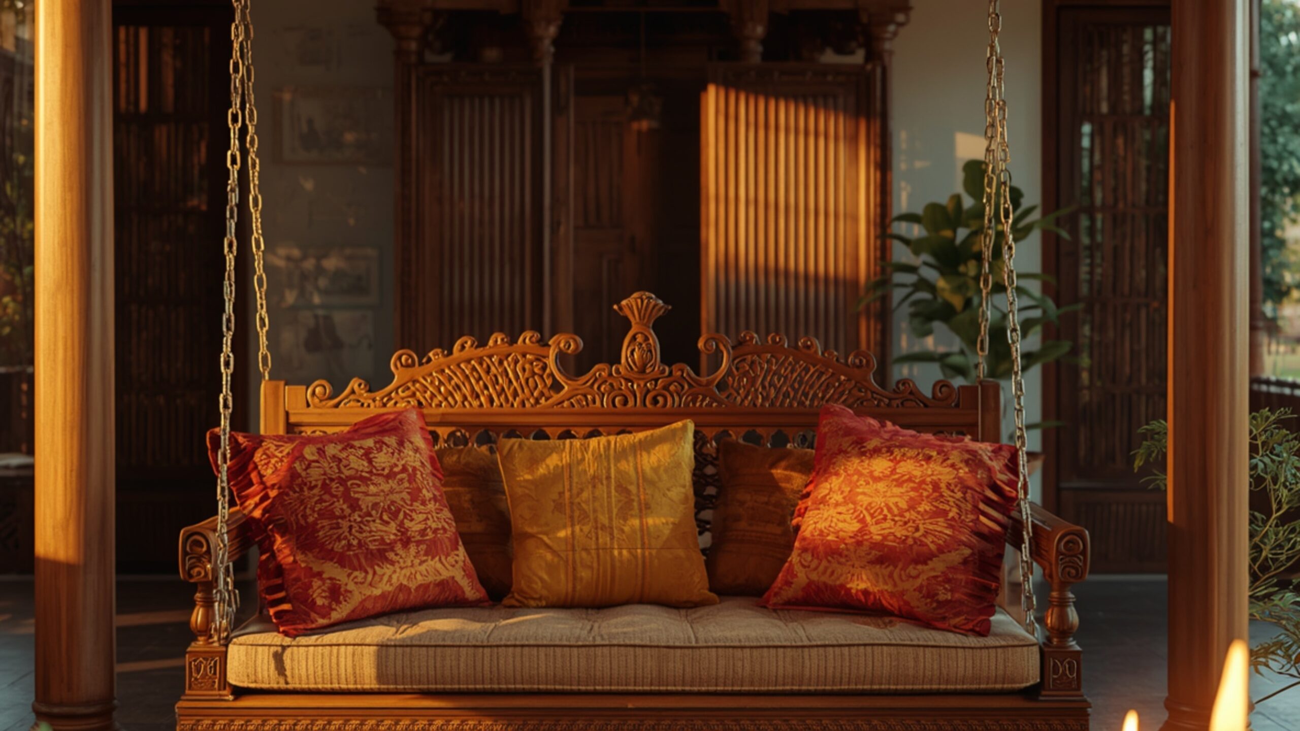 Traditional South Indian living room interior design in Jayanagar Bengaluru 2026 with carved wooden swing, brass lamps and silk cushions, by myNivasa