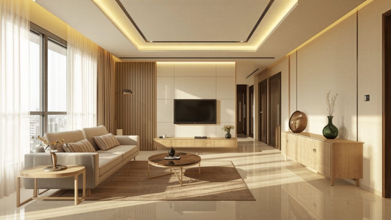 Apartment renovation in Whitefield 2026 modern living room with TV unit and false ceiling by myNivasa
