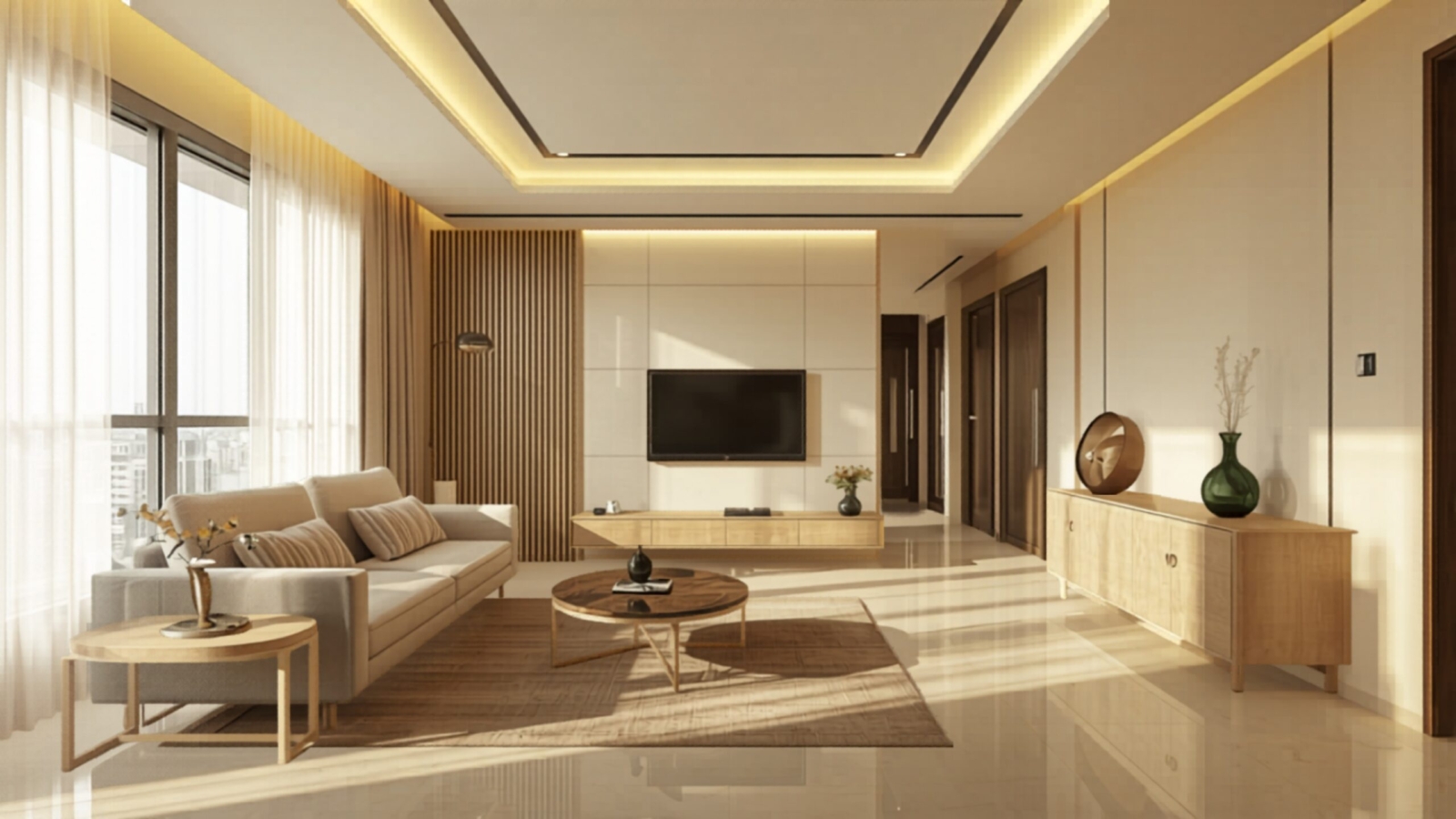 Apartment renovation in Whitefield 2026 modern living room with TV unit and false ceiling by myNivasa