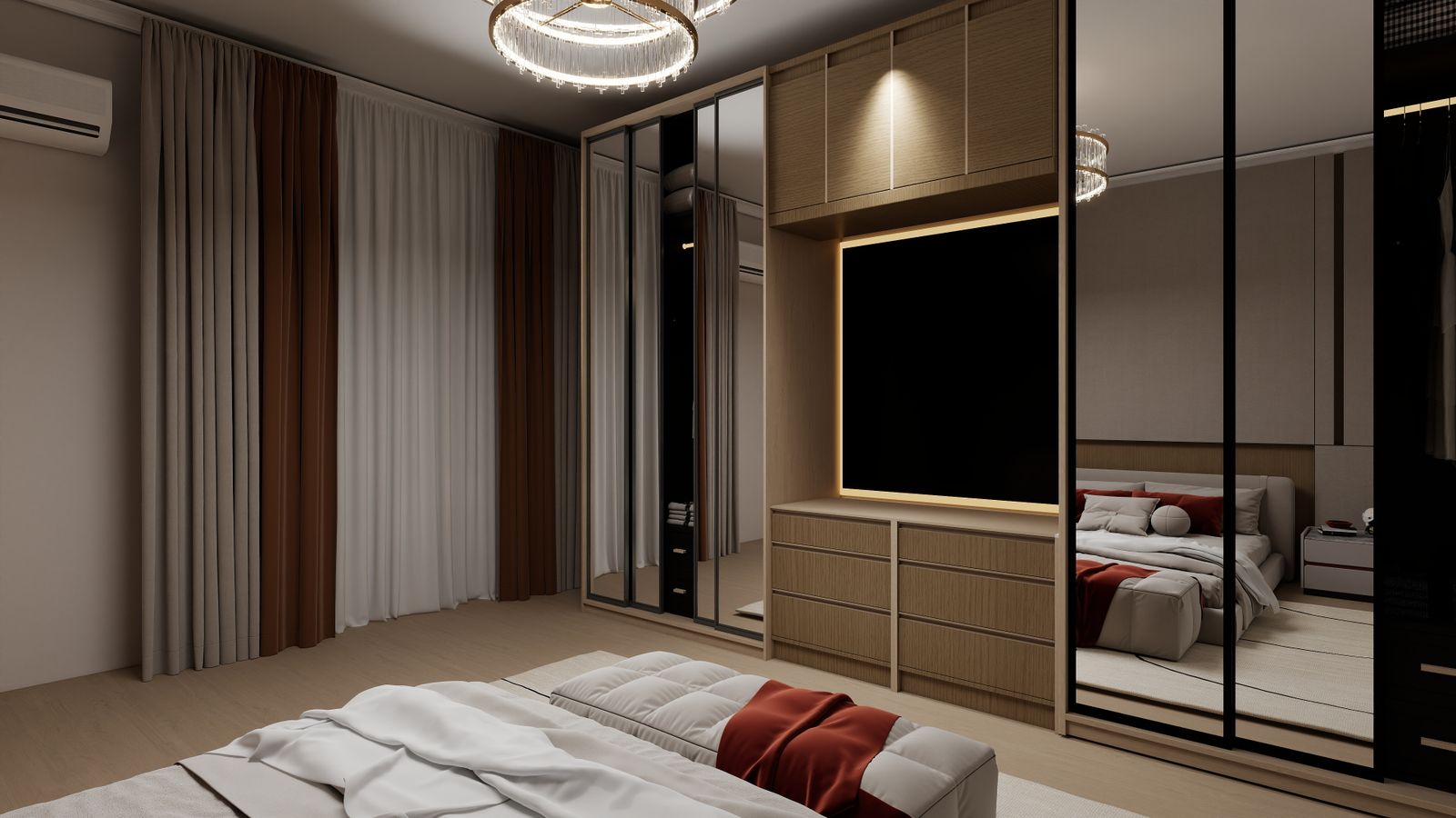 Full-height mirrored sliding wardrobe on the 10 ft wall of a 10x12 master bedroom in Bengaluru 2026, by myNivasa