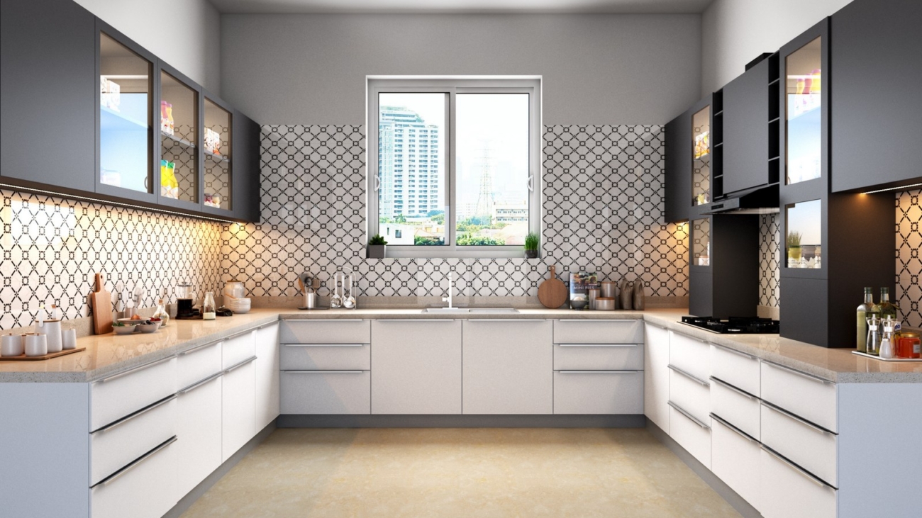 Modular kitchen with white and grey shutters in a Bengaluru apartment 2026, built on BWP marine plywood carcass, by myNivasa