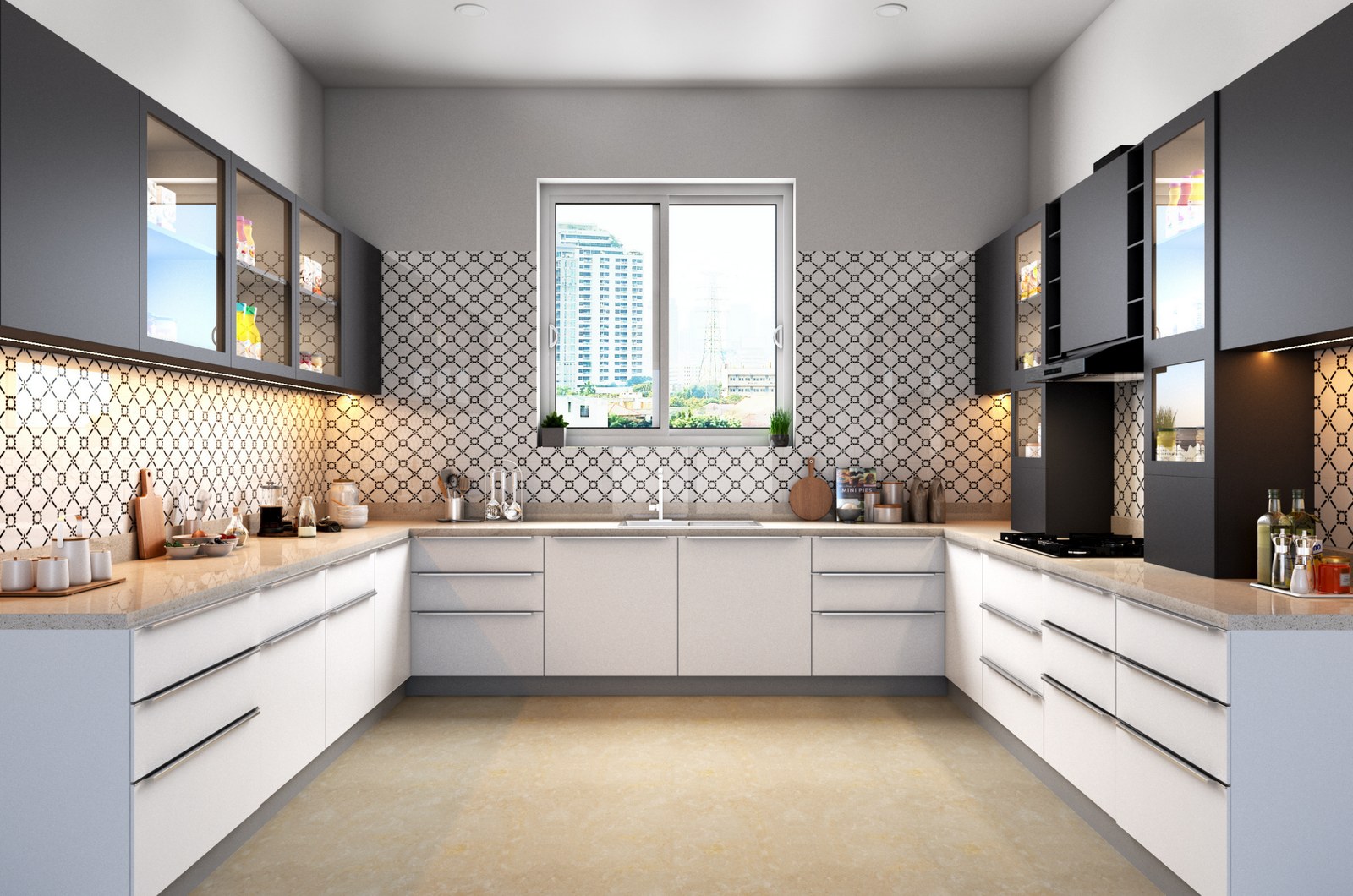 Modular kitchen with white and grey shutters in a Bengaluru apartment 2026, built on BWP marine plywood carcass, by myNivasa