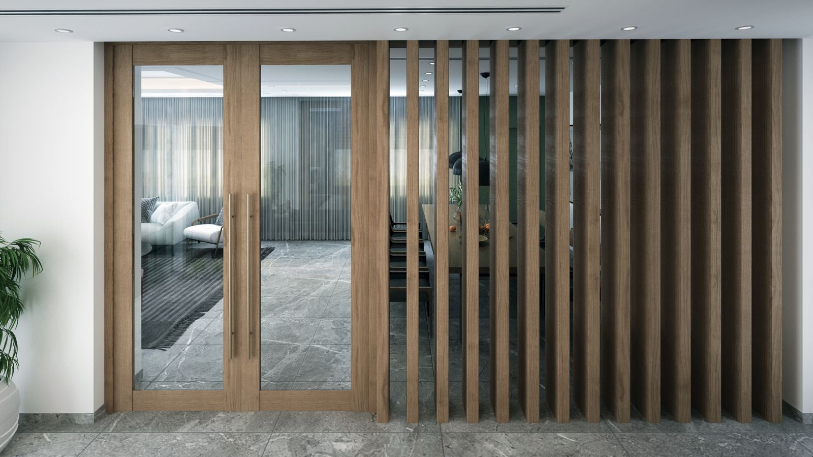 Wooden slat screen partition separating a living area from a dining area in an apartment, an example of the slat option for a living dining partition in Bengaluru 2026, by myNivasa