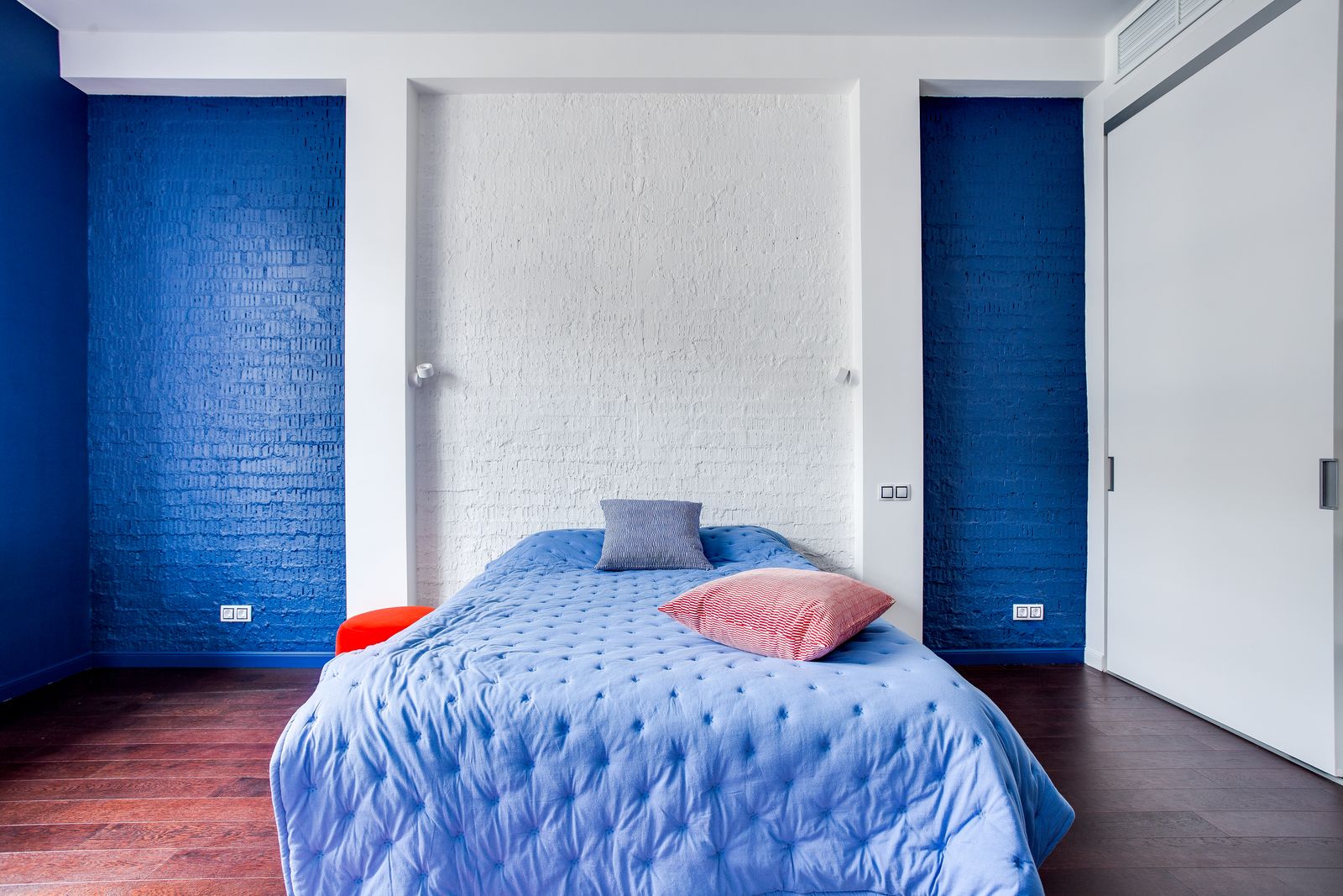 Saturated blue and white two colour bedroom showing how a highly saturated accent shade behaves in a Bengaluru bedroom, 2026, by myNivasa
