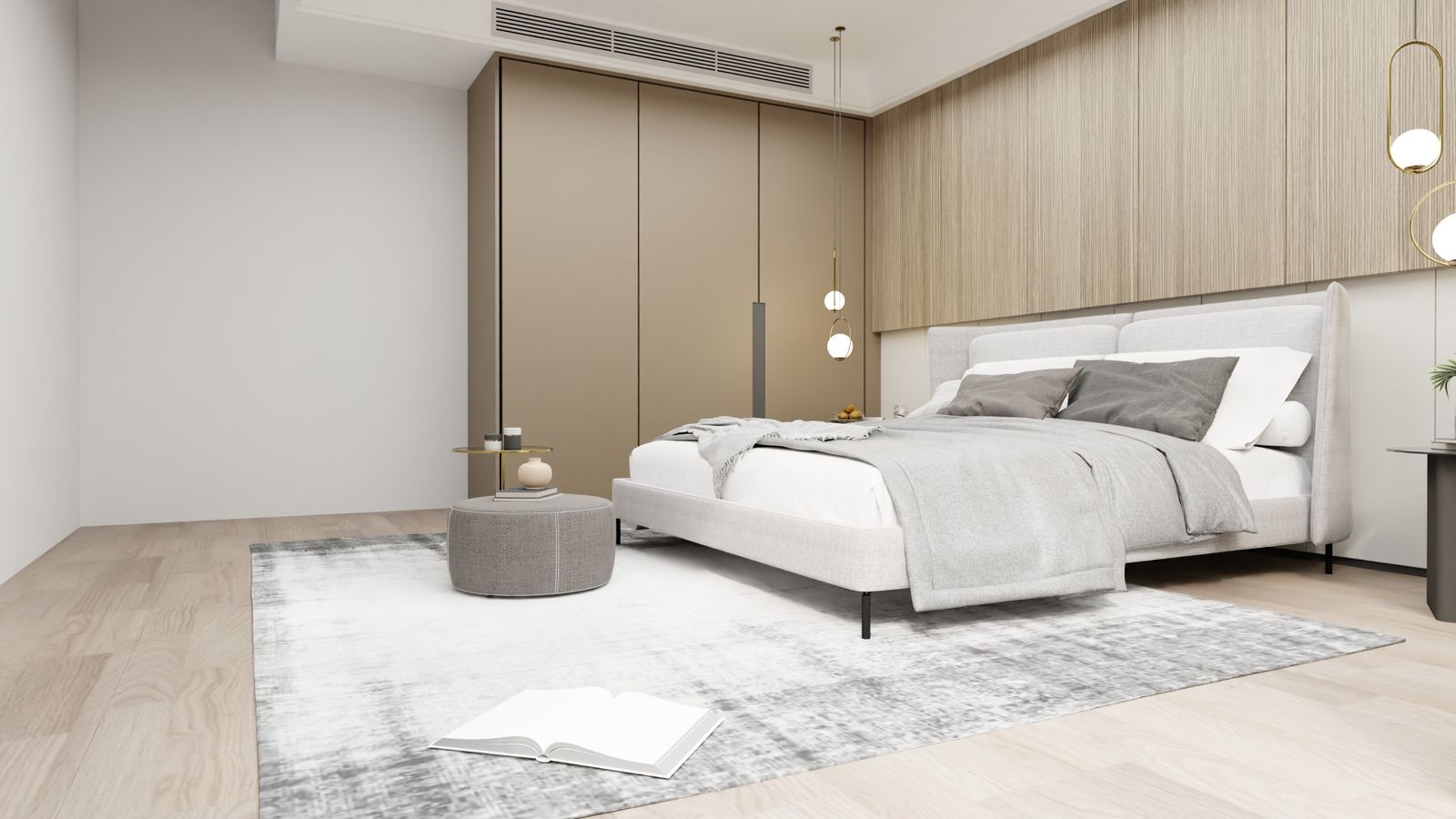 Modern Bengaluru bedroom with a dropped gypsum ceiling band and a concealed ducted air conditioning grille, 2026, by myNivasa