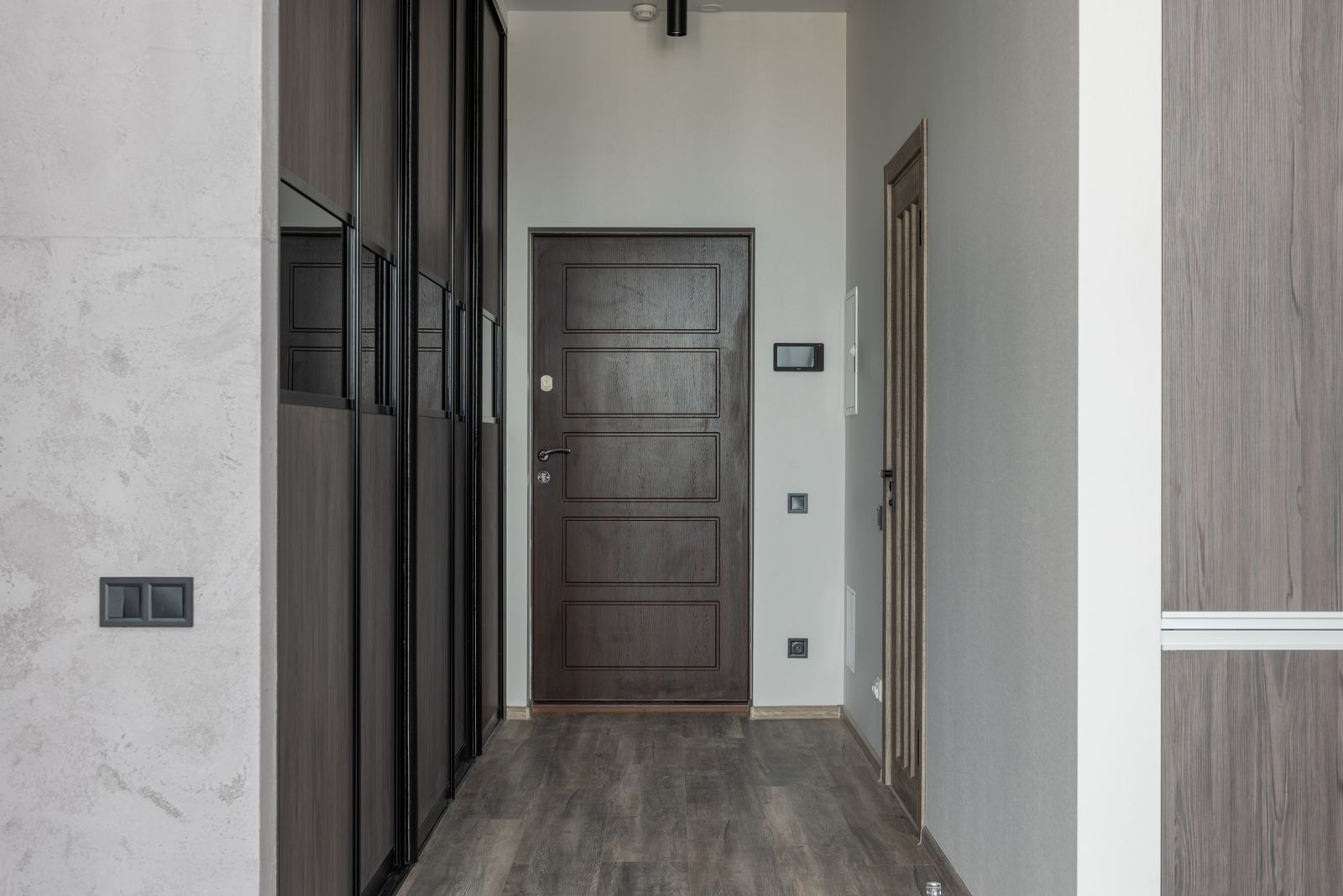 Dark laminated panel door set in a timber chowkat frame in an HSR Layout Bengaluru apartment entrance, 2026 by myNivasa