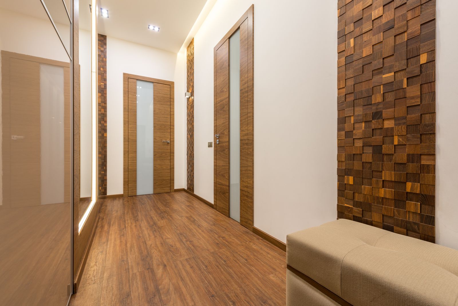 Corridor with veneered flush doors and matching frames in a Whitefield Bengaluru flat, internal door upgrade 2026 by myNivasa